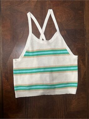 American Eagle Outfitters Cream Knit Halter Tank with Green and Tan Stripes